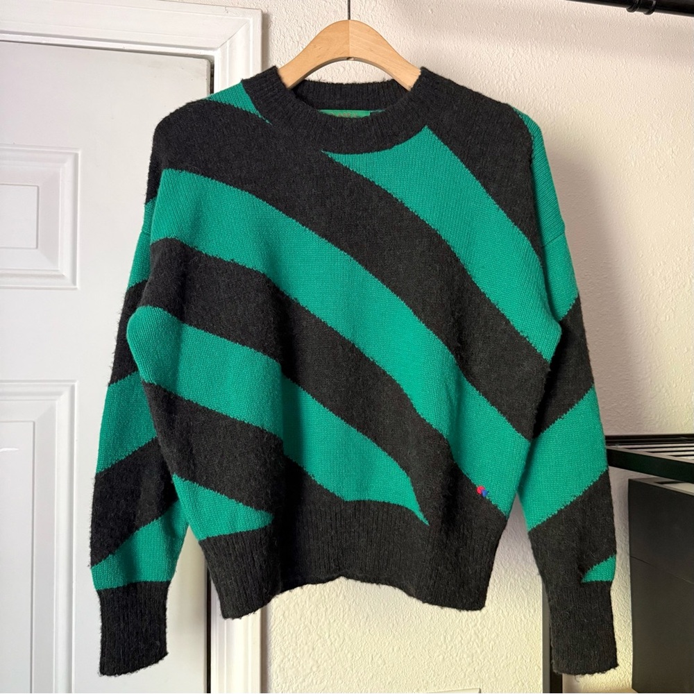CLARE V. black green striped wool alpaca knit crew boxy cropped pullover sweater